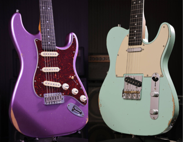 Patina 6 Series PS-6 and PS-7 Relic Guitars in Purple and Sea Foam Green Patina 6 Series PS-6 and PS-7 Relic Guitars in Purple and Sea Foam Green